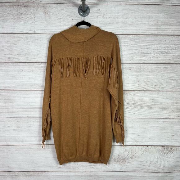 Promesa Women's Tan Mustard Wool Blend Cowlneck Fringe Back Sweater Dress - Picture 5 of 9